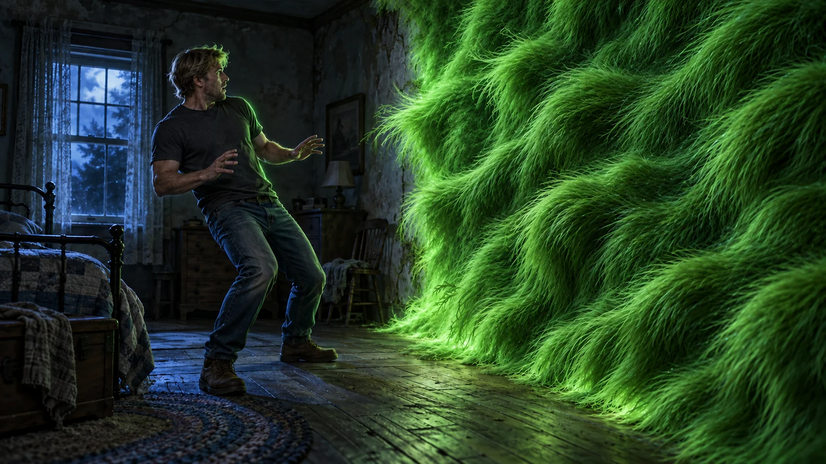 Jack backs away from an old bedroom wall covered in soft, flowing green fur, glowing against blue window light.