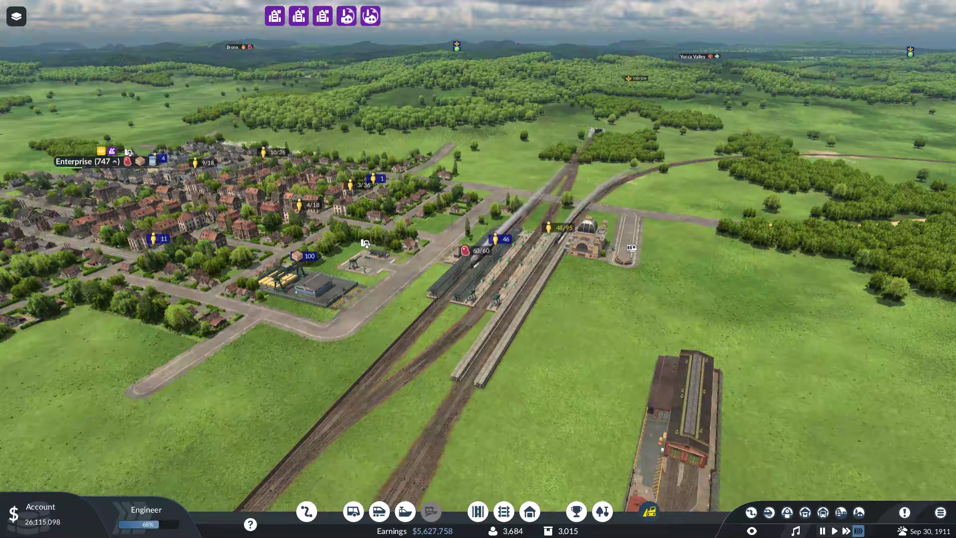 A meat train arriving at Enterprise beside its town and warehouse in Alex&rsquo;s Transport Fever 3 save